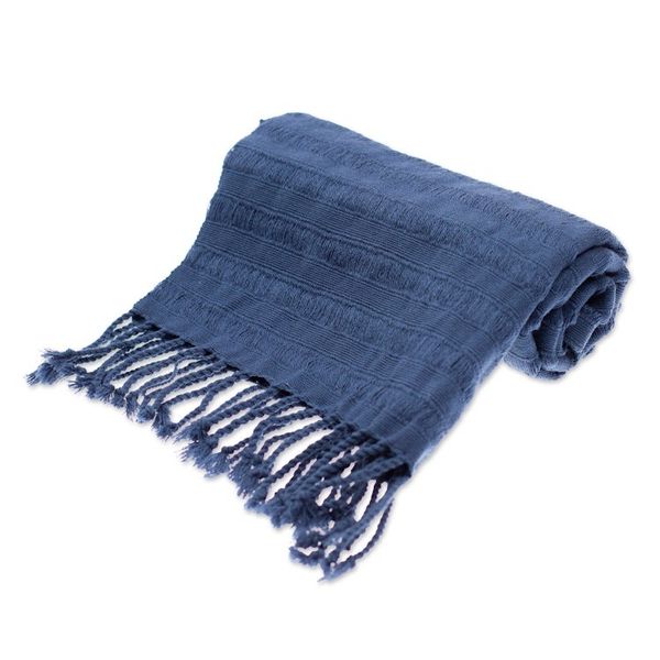 Alternate image for Blue Cotton Scarf with Braided Fringes Handloomed in Mexico Blue Catwalks