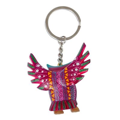 Alternate image for Hand Crafted Owl Alebrije Key Ring Magenta Owl