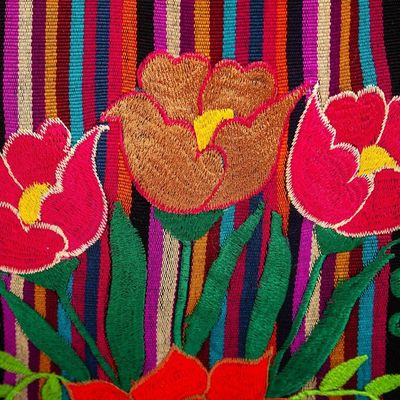 Alternate image for Poppy Embroidered Handwoven Black Cotton Mexican Morral Tote Night Poppies