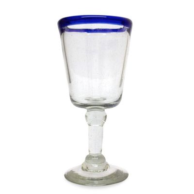 Alternate image for Hand Blown Wine Glasses Set of 6 Blue Rim Goblets Mexico Chardonnay