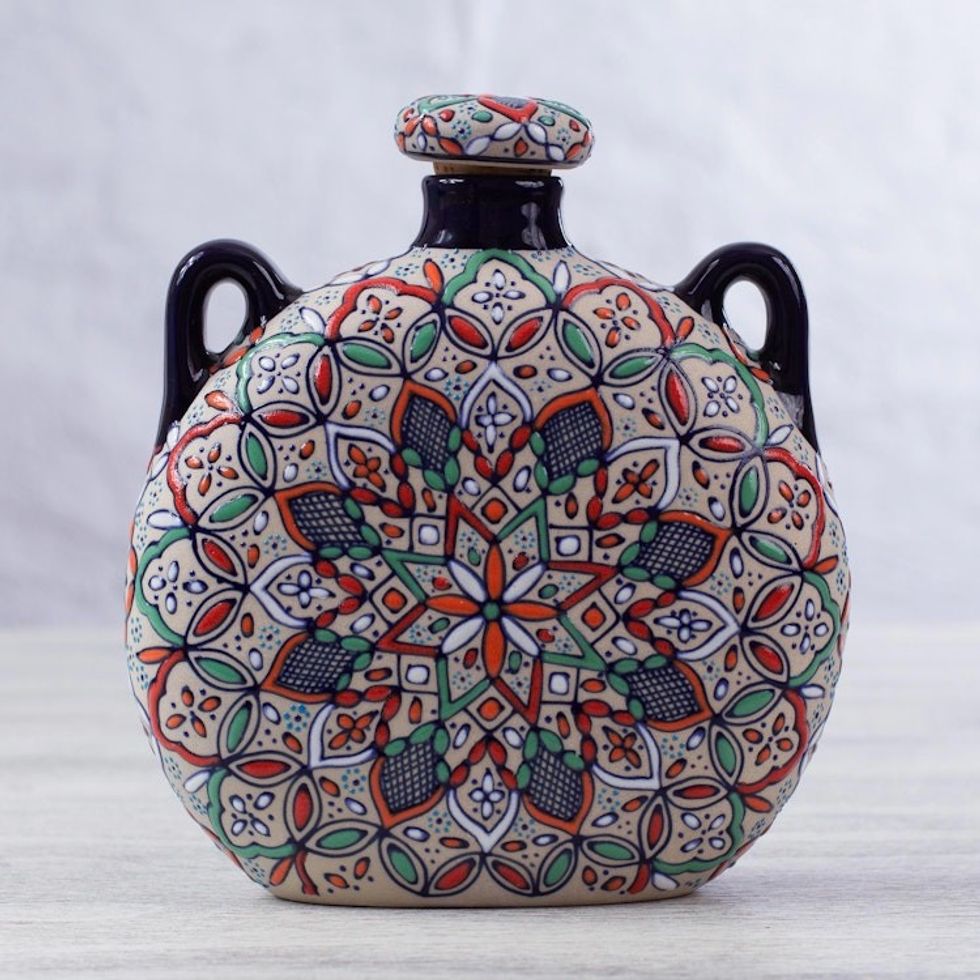 Decorative Ceramic Flask Hand Crafted in Mexico 'Guanajuato Mandala'