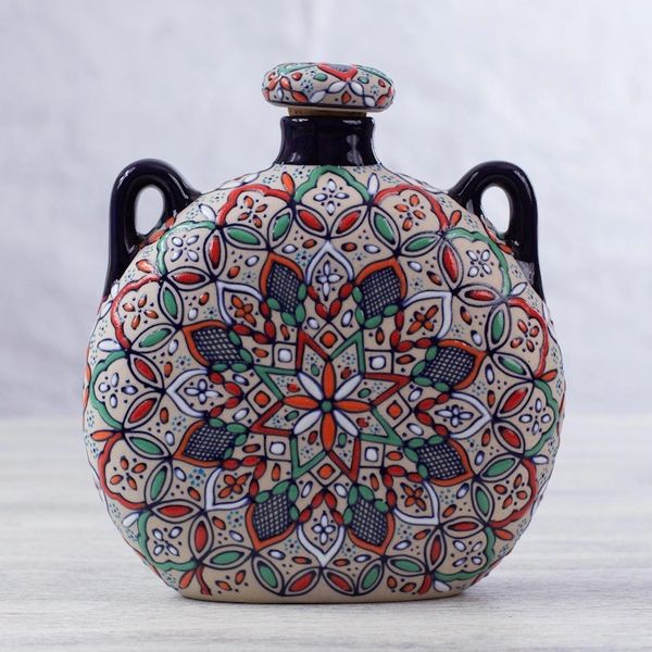 Alternate image for Decorative Ceramic Flask Hand Crafted in Mexico Guanajuato Mandala
