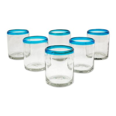 Alternate image for Set of 6 Clear with Aqua Rim Hand Blown 8 oz Juice Glasses Aquamarine Kiss
