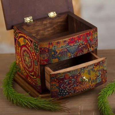 Alternate image for Decoupage on Pinewood Jewelry Box with Huichol Theme Huichol Vision