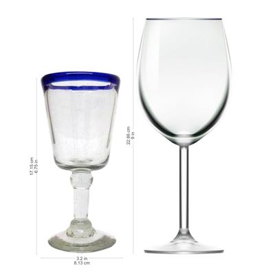 Alternate image for Hand Blown Wine Glasses Set of 6 Blue Rim Goblets Mexico Chardonnay