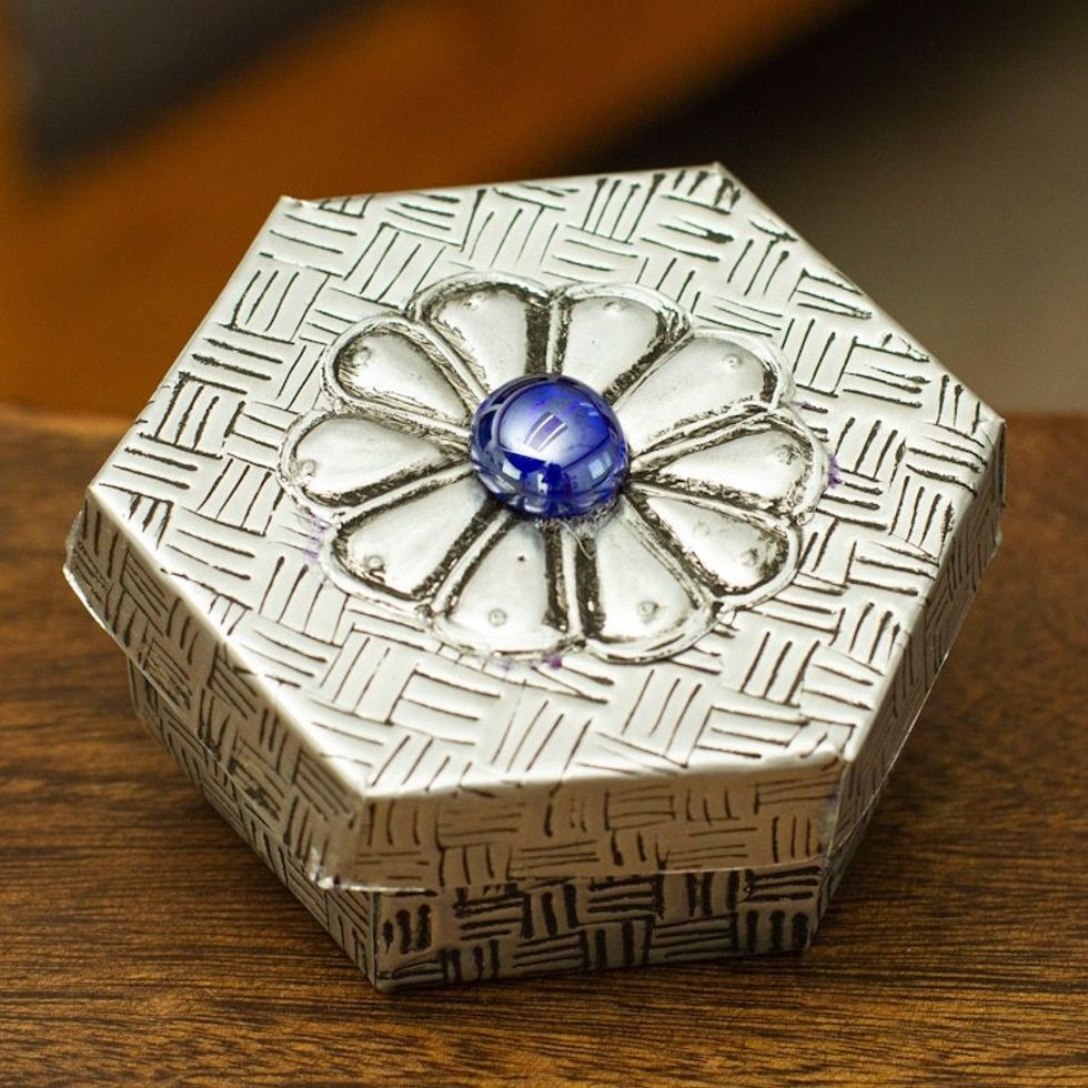 Hexagonal Aluminum Decorative Box with Flower from Mexico 'Hexagonal Blue'