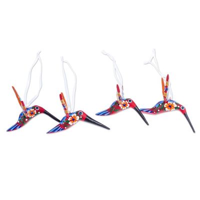 Alternate image for Set of 4 Handcrafted Copal Wood Bird Ornaments in Vermilion Vermilion Flutter