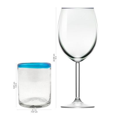Alternate image for Set of 6 Clear with Aqua Rim Hand Blown 8 oz Juice Glasses Aquamarine Kiss