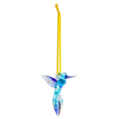 Alternate image for Handblown Recycled Glass Hummingbird Ornament in Sapphire Sapphire Paradise Hummingbird
