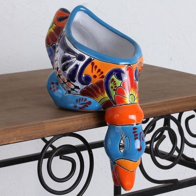 Alternate image for Hand-Painted Ceramic Duck Flower Pot from Mexico Feeding Duck