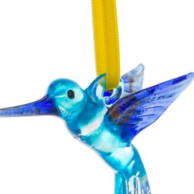 Alternate image for Handblown Recycled Glass Hummingbird Ornament in Sapphire Sapphire Paradise Hummingbird