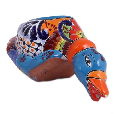 Alternate image for Hand-Painted Ceramic Duck Flower Pot from Mexico Feeding Duck