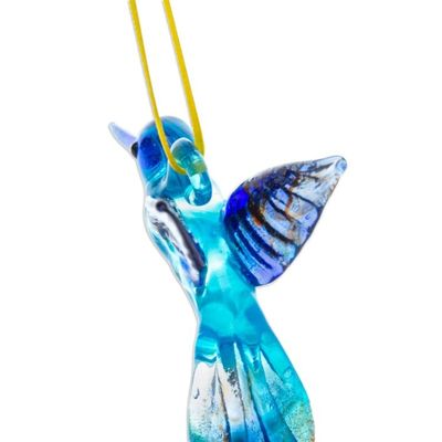 Alternate image for Handblown Recycled Glass Hummingbird Ornament in Sapphire Sapphire Paradise Hummingbird
