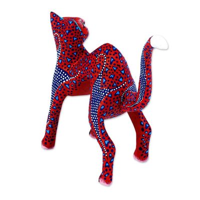 Alternate image for Red and Blue Arched Cat Alebrije Figure from Oaxaca Crimson Cat