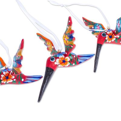 Alternate image for Set of 4 Handcrafted Copal Wood Bird Ornaments in Vermilion Vermilion Flutter