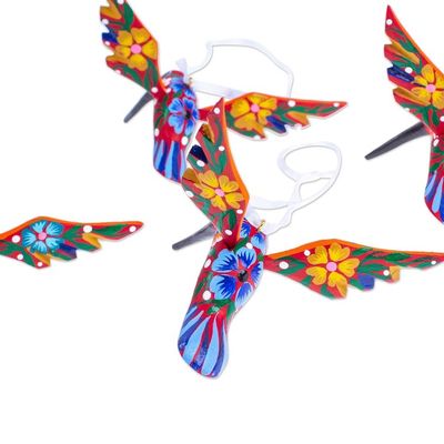 Alternate image for Set of 4 Handcrafted Copal Wood Bird Ornaments in Vermilion Vermilion Flutter