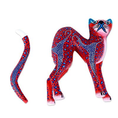 Alternate image for Red and Blue Arched Cat Alebrije Figure from Oaxaca Crimson Cat