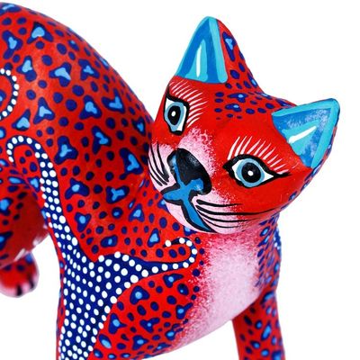 Alternate image for Red and Blue Arched Cat Alebrije Figure from Oaxaca Crimson Cat