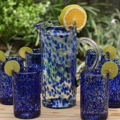 Primary image for Hand Blown Glass Pitcher 33 Oz Tall Clear Mexico Dotted Blue