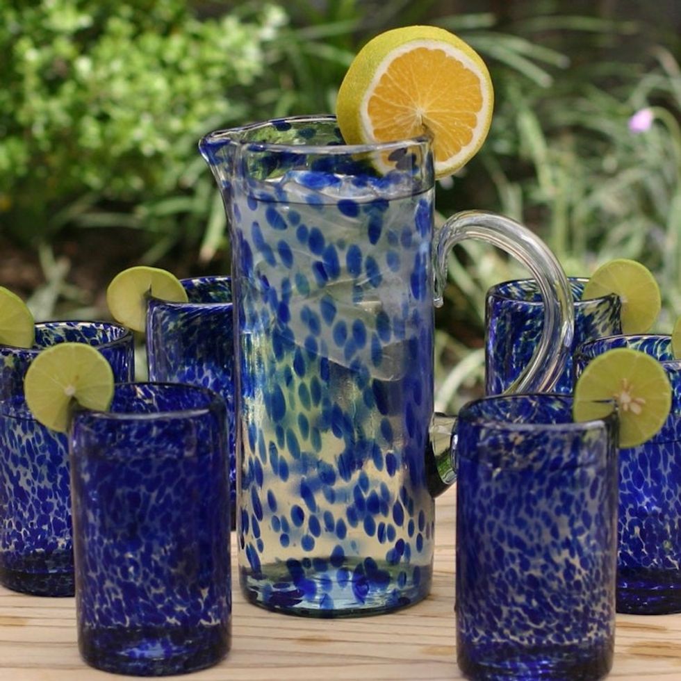Hand Blown Glass Pitcher 33 Oz Tall Clear Mexico 'Dotted Blue'