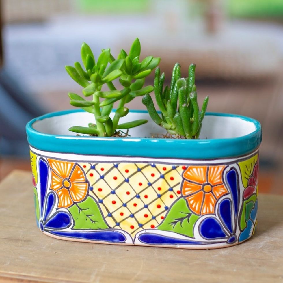 Handcrafted Floral Talavera Ceramic Flower Pot from Mexico 'Oblong Hacienda in Teal'
