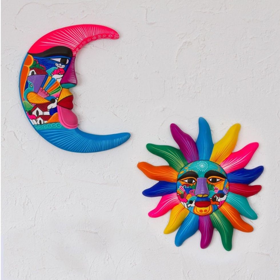 Mexican Hand Painted Sun and Moon Ceramic Wall Art 'Celestial Couple'