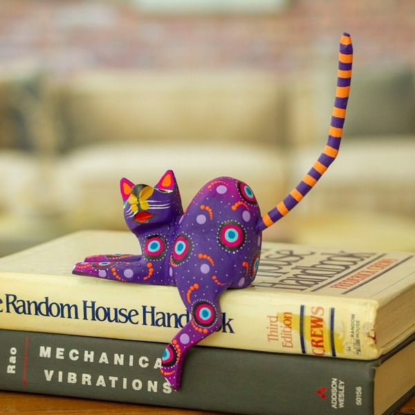 Alternate image for Hand-Painted Purple Copal Wood Alebrije Cat Figurine Placid Feline in Purple