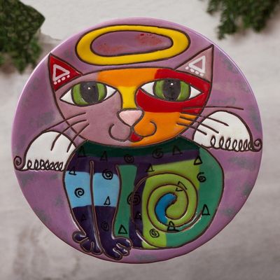 Alternate image for Handcrafted Ceramic Angel Cat Wall Art from Mexico Angelic Kitty