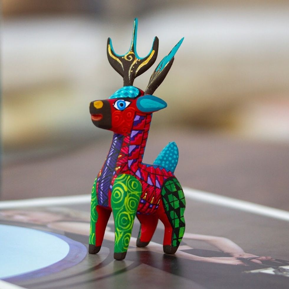 Copal Wood Alebrije Deer Figurine Painted in Crimson Hues 'Charming Crimson Deer'