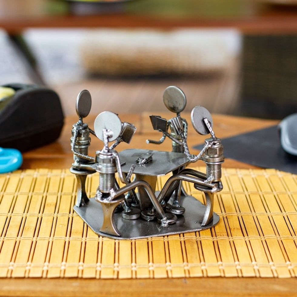Card Players Handcrafted Recycled Metal Sculpture 'Rustic Poker Game'