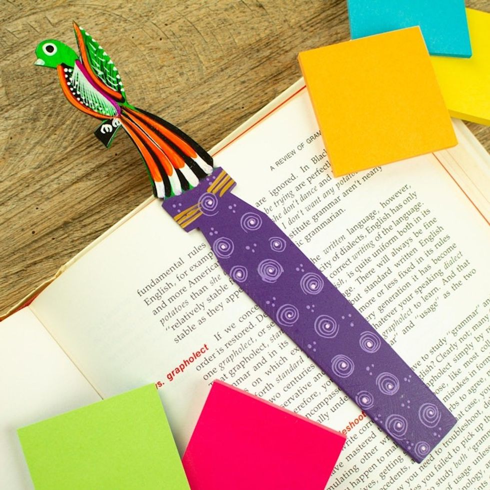 Handmade Multicolor Copal Wood Bookmark with Mexican Quetzal 'Reading Quetzal'