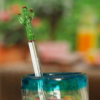 Alternate image for Mexican Recycled Glass Cocktail Stirrer with Cactus Celebration Cactus