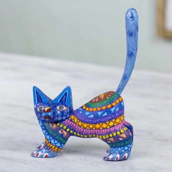 Alternate image for Mexican Alebrije Cat Sculpture Playful Blue Kitten