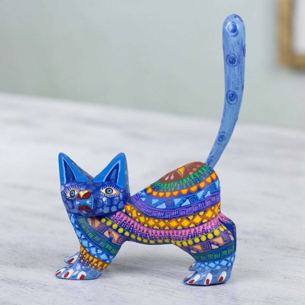 Mexican Alebrije Cat Sculpture 'Playful Blue Kitten'