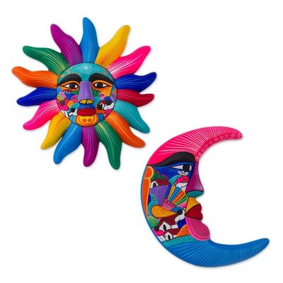 Alternate image for Mexican Hand Painted Sun and Moon Ceramic Wall Art Celestial Couple