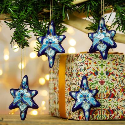 Alternate image for Set of 4 Handcrafted Ceramic Talavera Star Ornaments in Blue Floral Twilight
