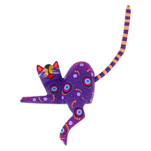 Alternate image for Hand-Painted Purple Copal Wood Alebrije Cat Figurine Placid Feline in Purple