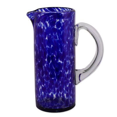 Alternate image for Hand Blown Glass Pitcher 33 Oz Tall Clear Mexico Dotted Blue