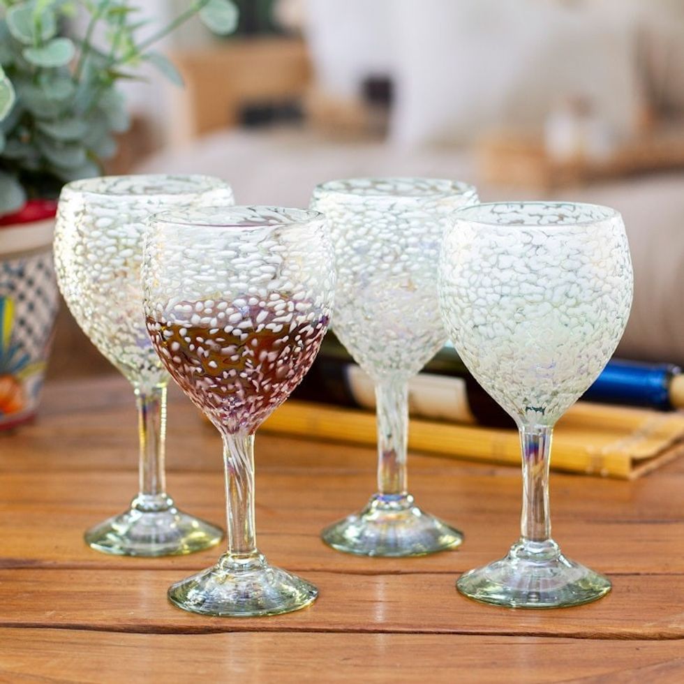 Set of 4 Frosted Wine Glasses Handblown from Recycled Glass 'Frosted White'