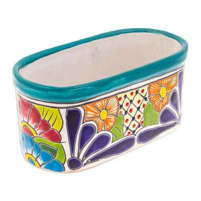 Alternate image for Handcrafted Floral Talavera Ceramic Flower Pot from Mexico Oblong Hacienda in Teal