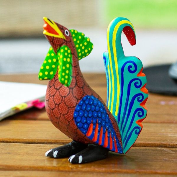 Alternate image for Hand-Carved Hand Painted Wood Rooster Alebrije Figurine Striking Rooster