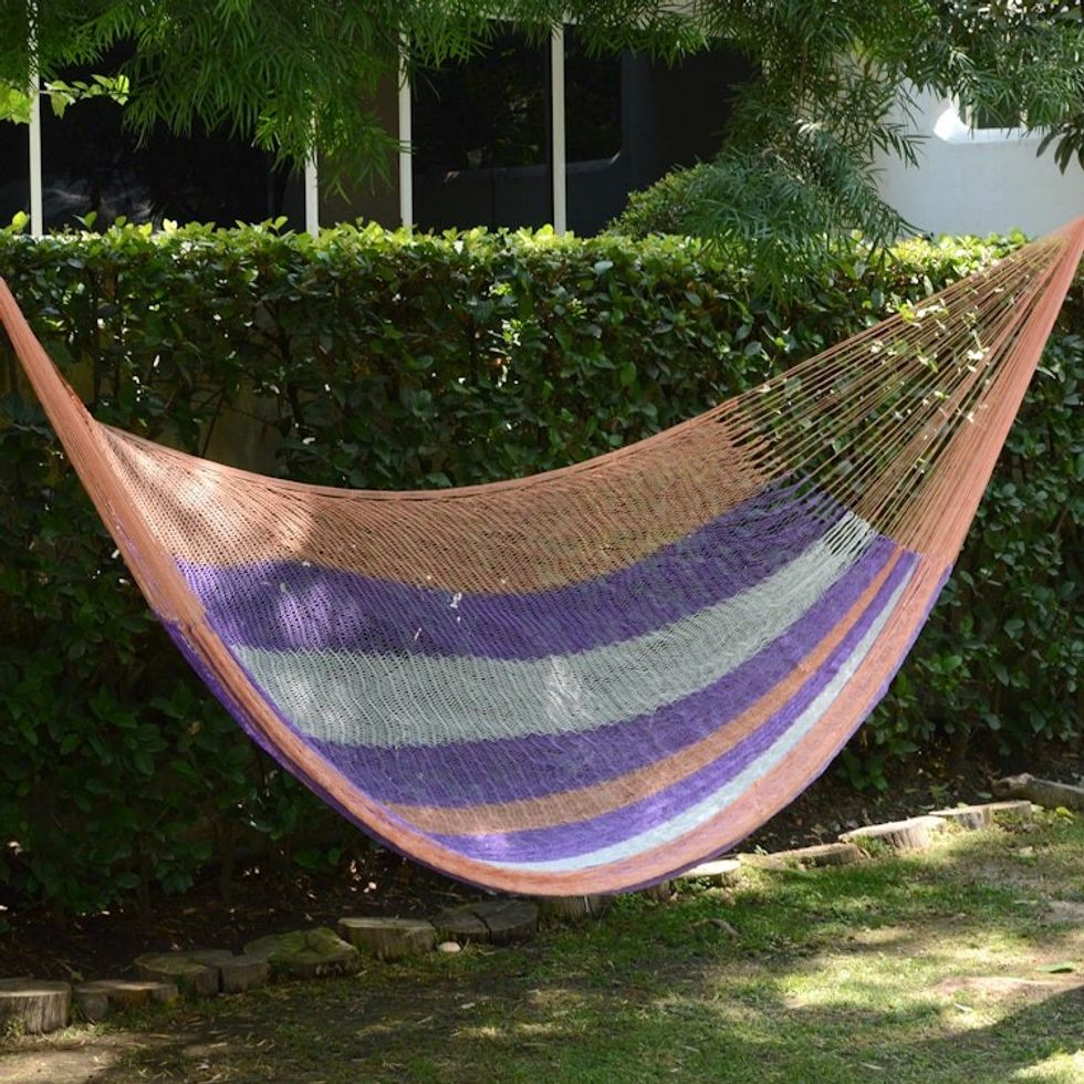 Hand Woven Nylon Striped Hammock Double from Mexico 'Melon Stripe'