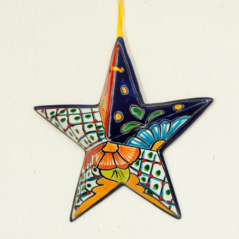 Hand-Painted Talavera-Style Ceramic Star Wall Sculpture 'Talavera Star'
