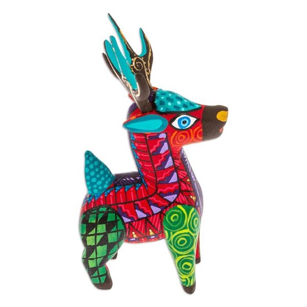 Alternate image for Copal Wood Alebrije Deer Figurine Painted in Crimson Hues Charming Crimson Deer