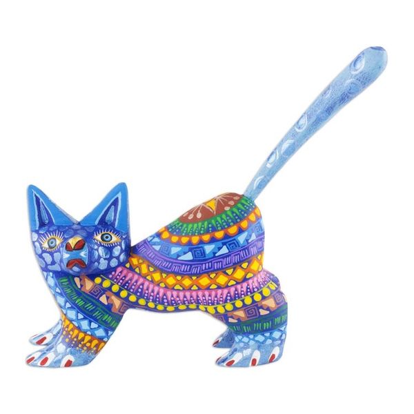 Alternate image for Mexican Alebrije Cat Sculpture Playful Blue Kitten