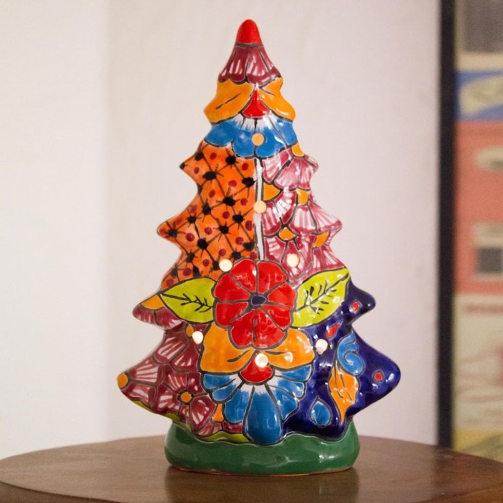 Christmas Tree Talavera Ceramic Lantern from Mexico 'Christmas Glow'