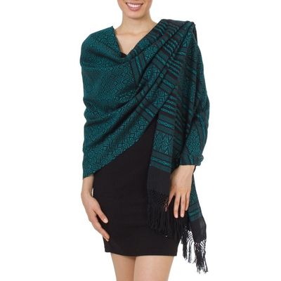 Alternate image for Mexican Handwoven Zapotec Shawl Cotton in Black and Aqua Agave Shadows