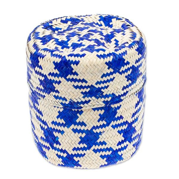 Alternate image for Blue Basket with Lid Hand-Woven from Palm Fiber in Mexico Rooster in Blue