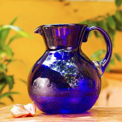 Alternate image for Handblown Glass Recycled Classic Blue Pitcher Serveware Cobalt Light