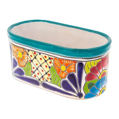 Alternate image for Handcrafted Floral Talavera Ceramic Flower Pot from Mexico Oblong Hacienda in Teal